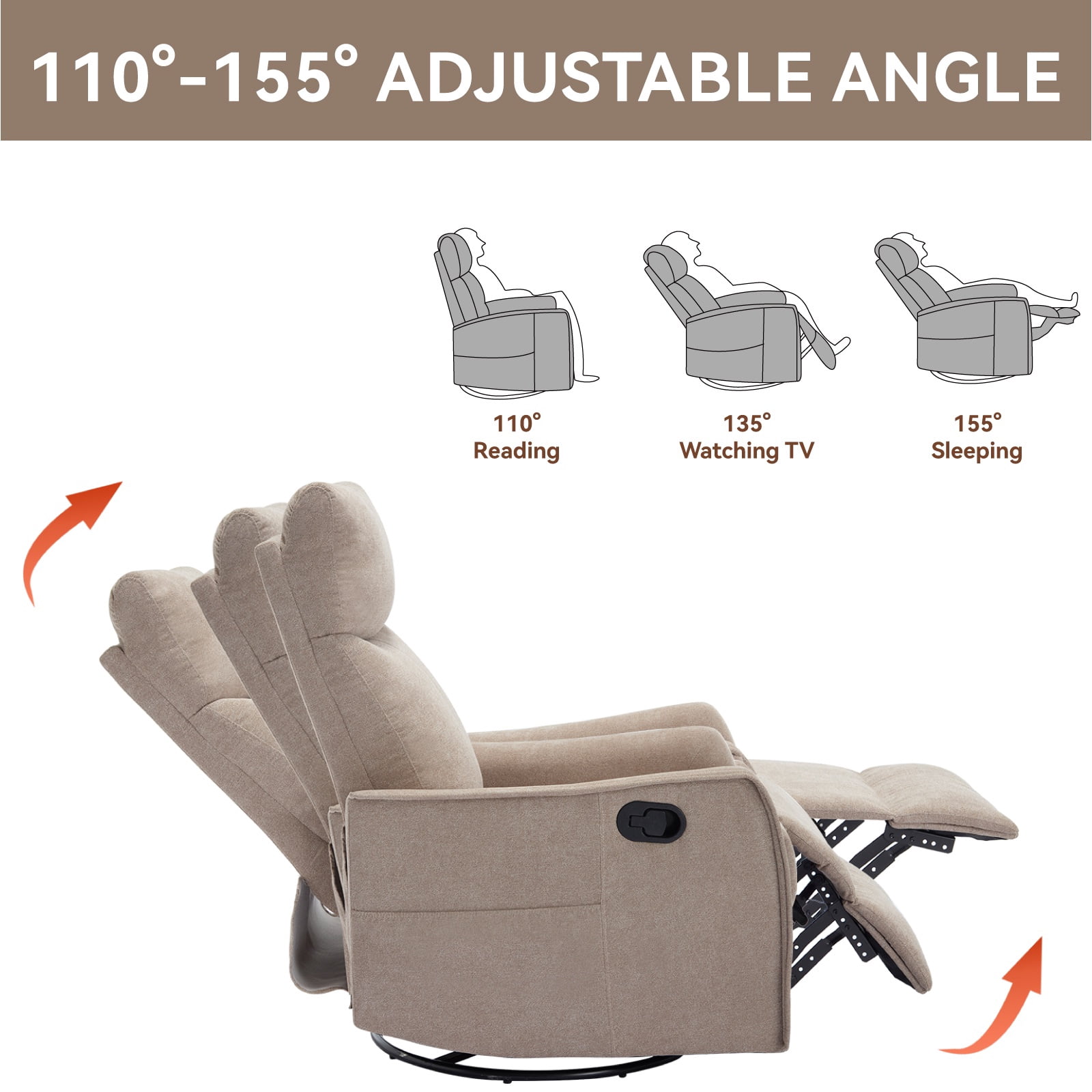 Holaki Manual Swivel Rocker Recliner Chair, 360° Swivel Recliner with Massage and Heat, Chenille Rocker Recliner Nursery Glider Chair with Side Pockets, Lumbar Support for Living Room, Khaki