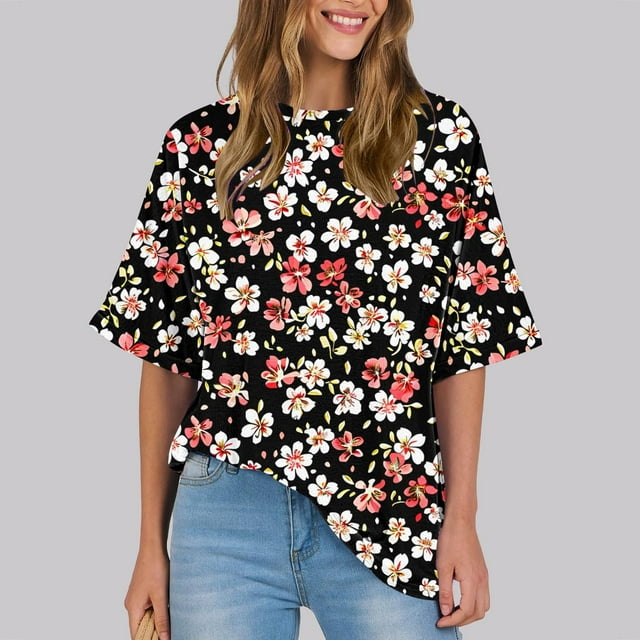 Mareep Hauts d'Été P-5TG Mode Décontractée pour Femmes, Chemise Ample à Manches Courtes Imprimée, Chemisier Court, Liquidation, Cadeau