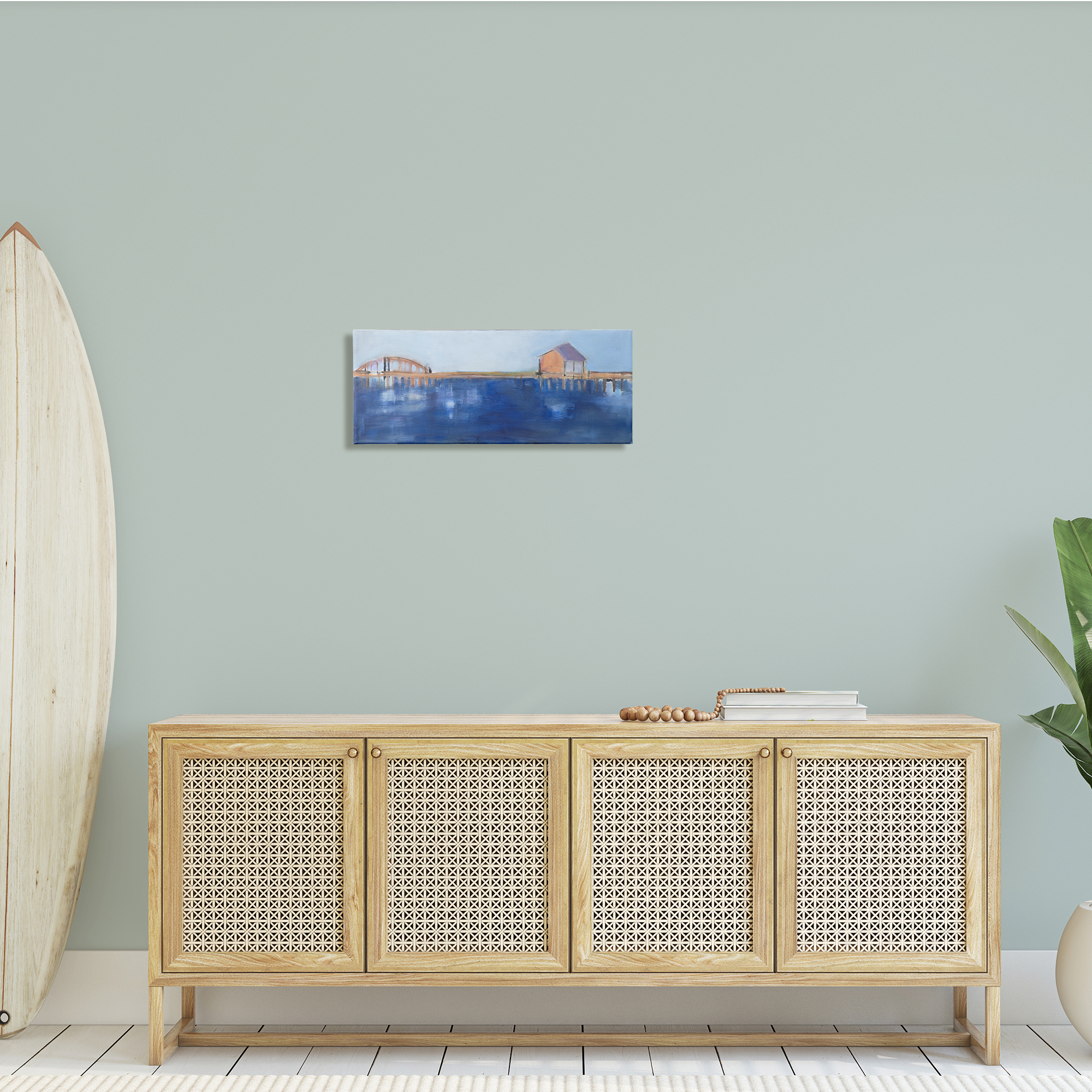 Stupell Indtries Abstract Bay Landscape Deep Blue Water Bridge Architecture,24 x 10,Design by Snne Marie