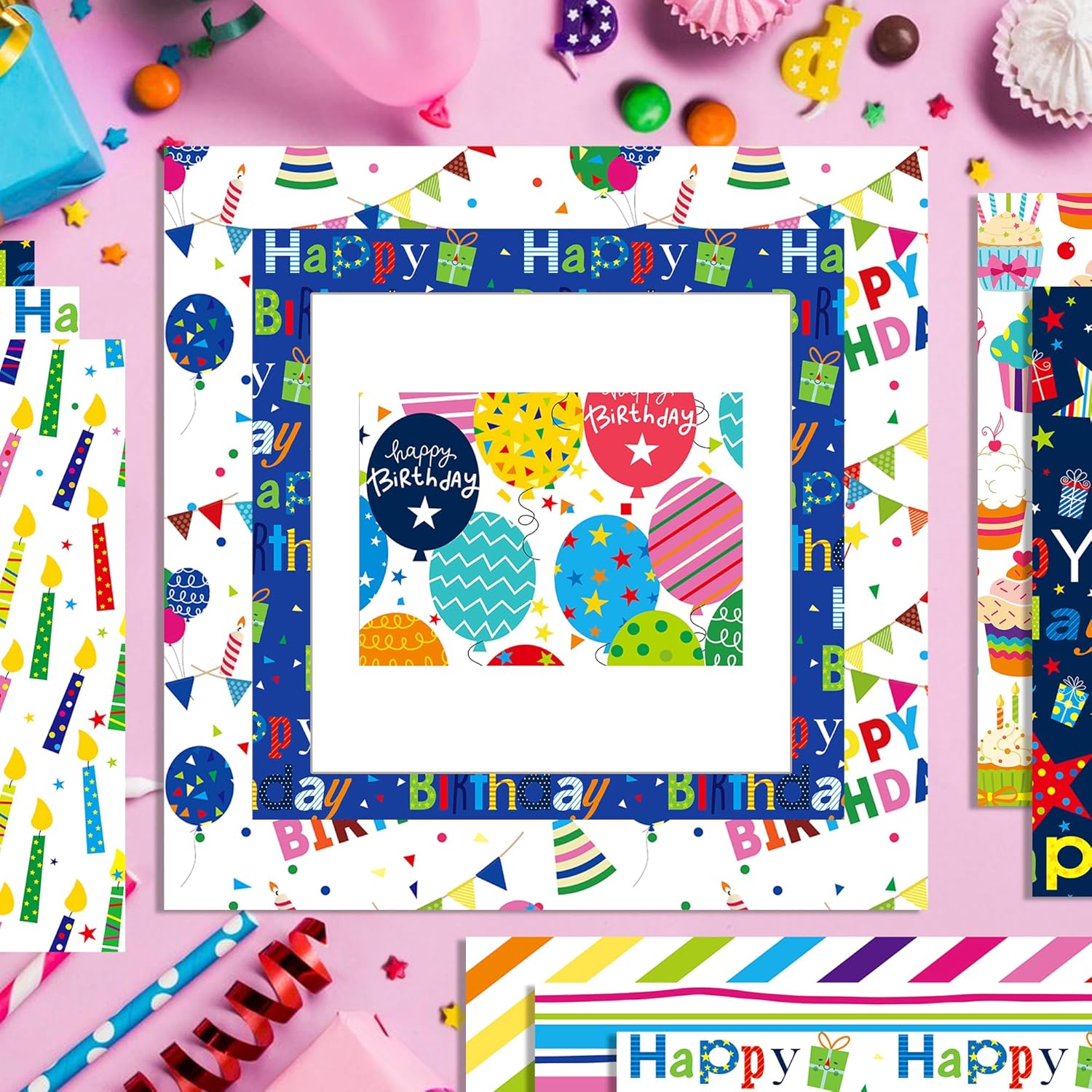 24 Sheets Happy Birthday Scrapbook Paper 11.8'' x 11.8'' Candle Balloon Topper Dessert Gift Birthday Themed Pattern Double Sided Decorative Sheets for DIY, Junk Journal,Collage,Card Making Supplies