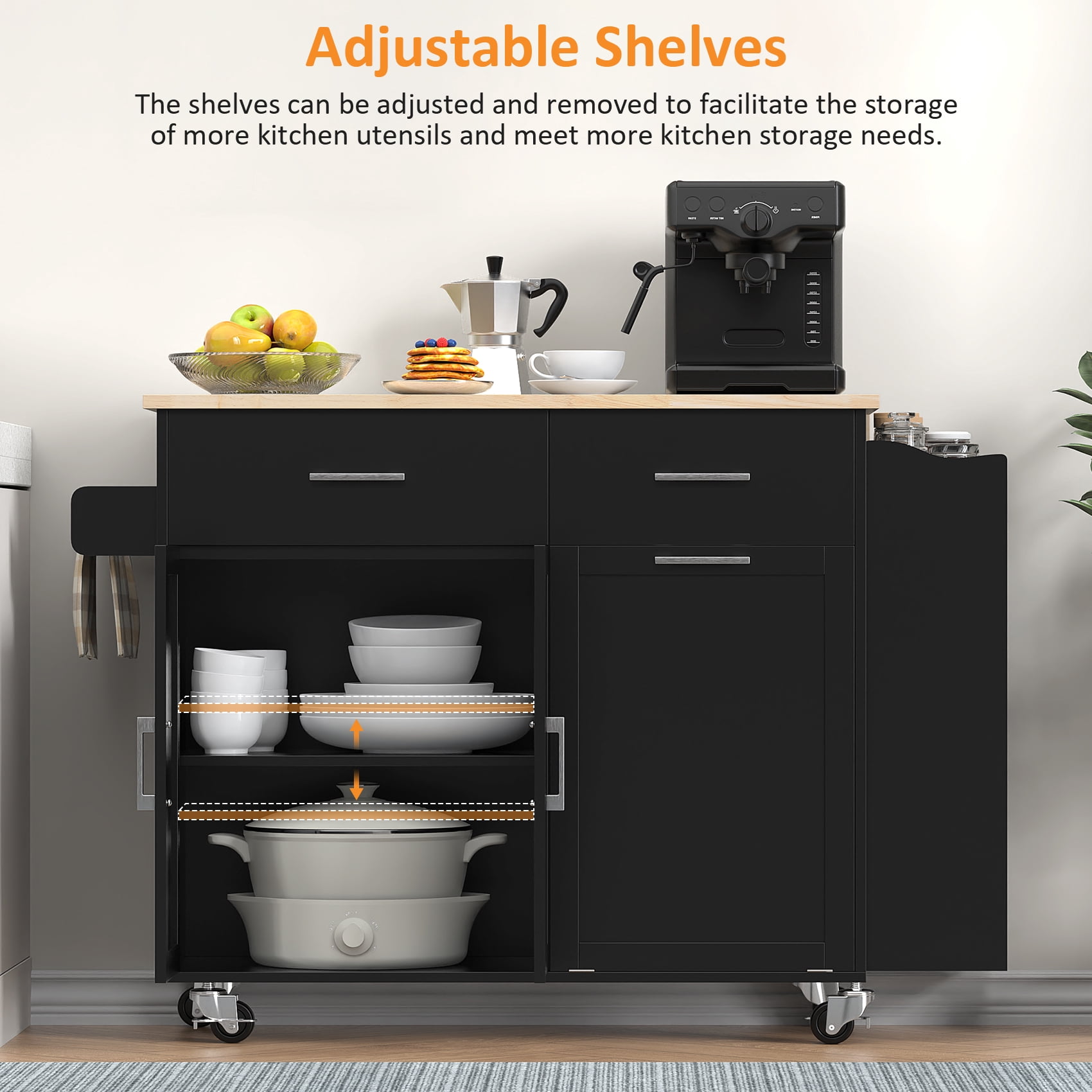 Meteorleg Rolling Kitchen Island with Drop Leaf, Tilt Out Kitchen Trash Cabinet 10 Gallon Storage, Kitchen Cart Island with Rubber wood Top, Spice Rack and Drawers,Black