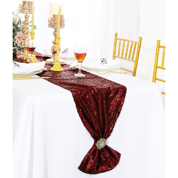 Wedding Linens Inc. 12"x108" Sequin Glitz Taffeta Table Runner for Wedding, Luxury Events, Party use - Burgundy