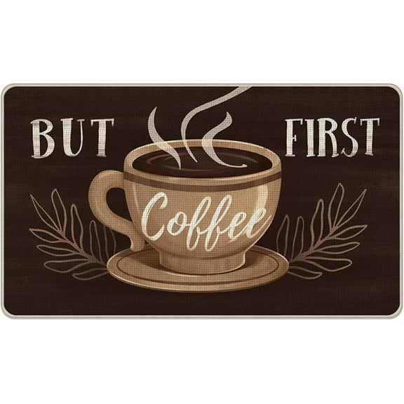 But First Coffee Themed Decorative Front Door Mat, Coffee Cup Welcome Doormat Indoor Outdoor Brown Non-Slip Floor Entryway Rug, Coffee Bar Cafe Home Kitchen Decoration 17x30 Inch