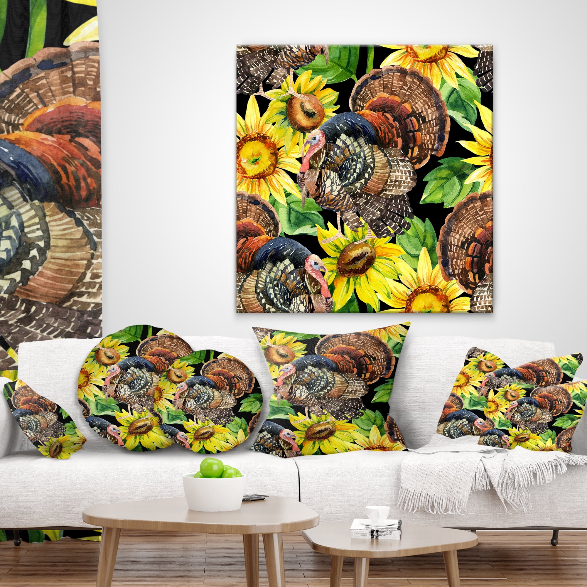 Designart Turkey Bird with Sunflowers - Floral Throw Pillow - 12x20