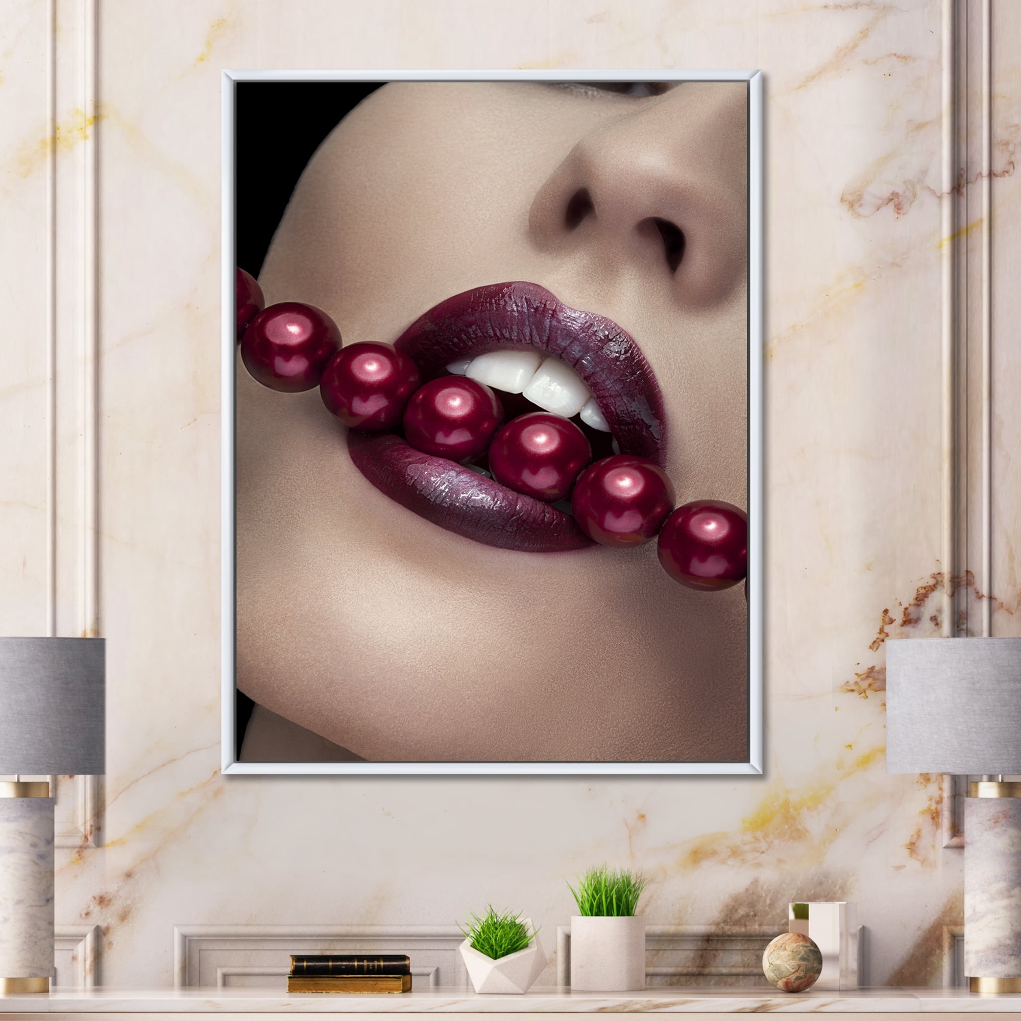 Designart 'Girl Bitting With Red Lips With Red Pearls' Modern Framed Canvas Wall Art Print