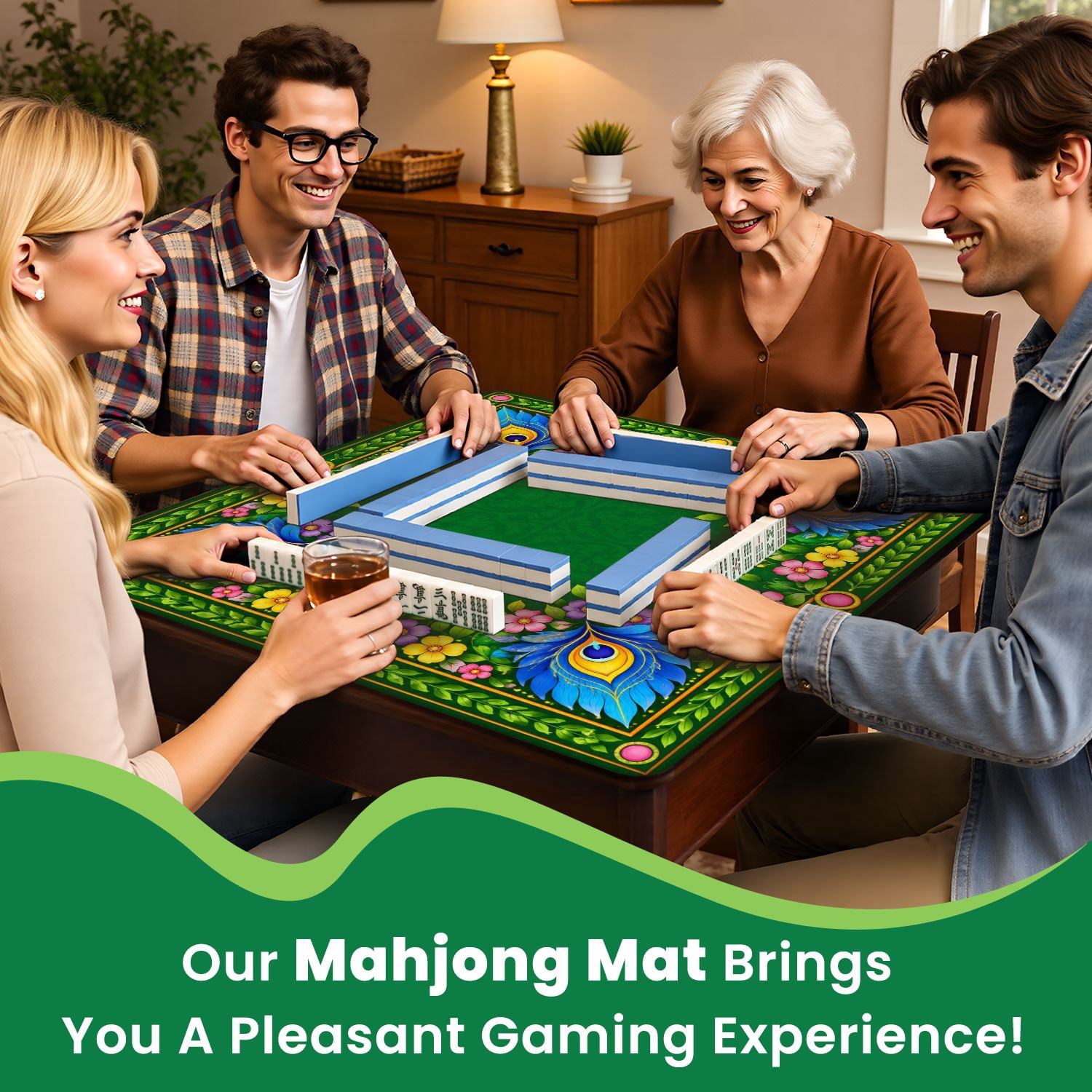 Mahjong Mat 31.5" x 31.5" Abstract Floral Peacock Motifs Vibrant Colors Non-Slip Noise Reduction Mahjong Tiles Table Cover for Dominoes Poker Card Board and Tile Games