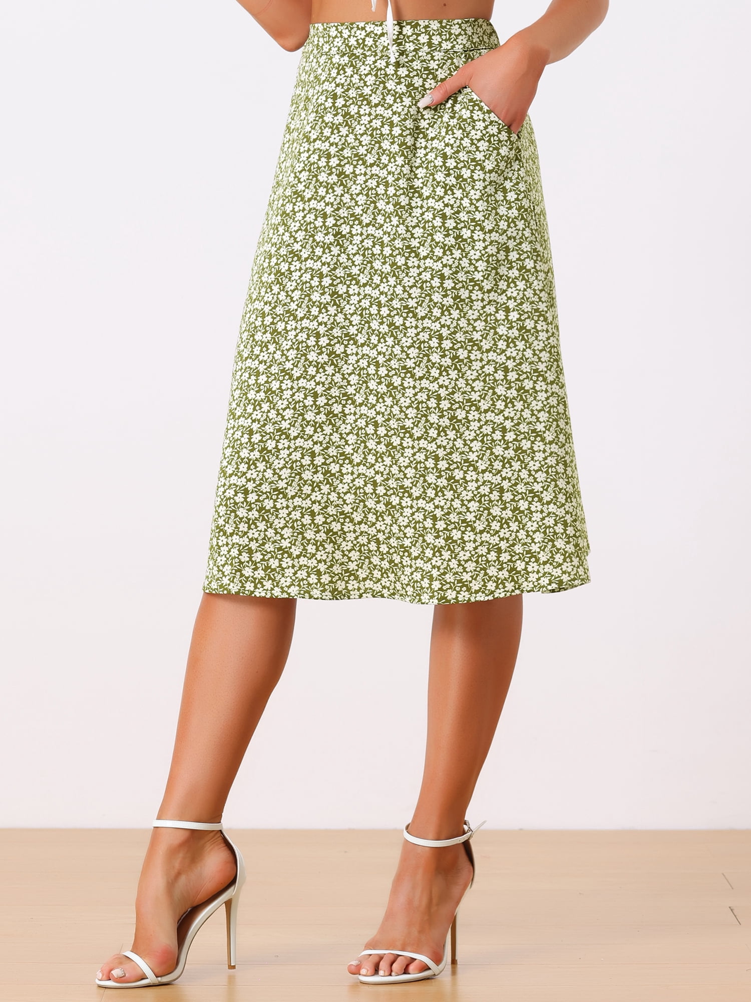 DARING DIVA Women's Floral Print A-Line Midi Skirt Skirts XL Green White