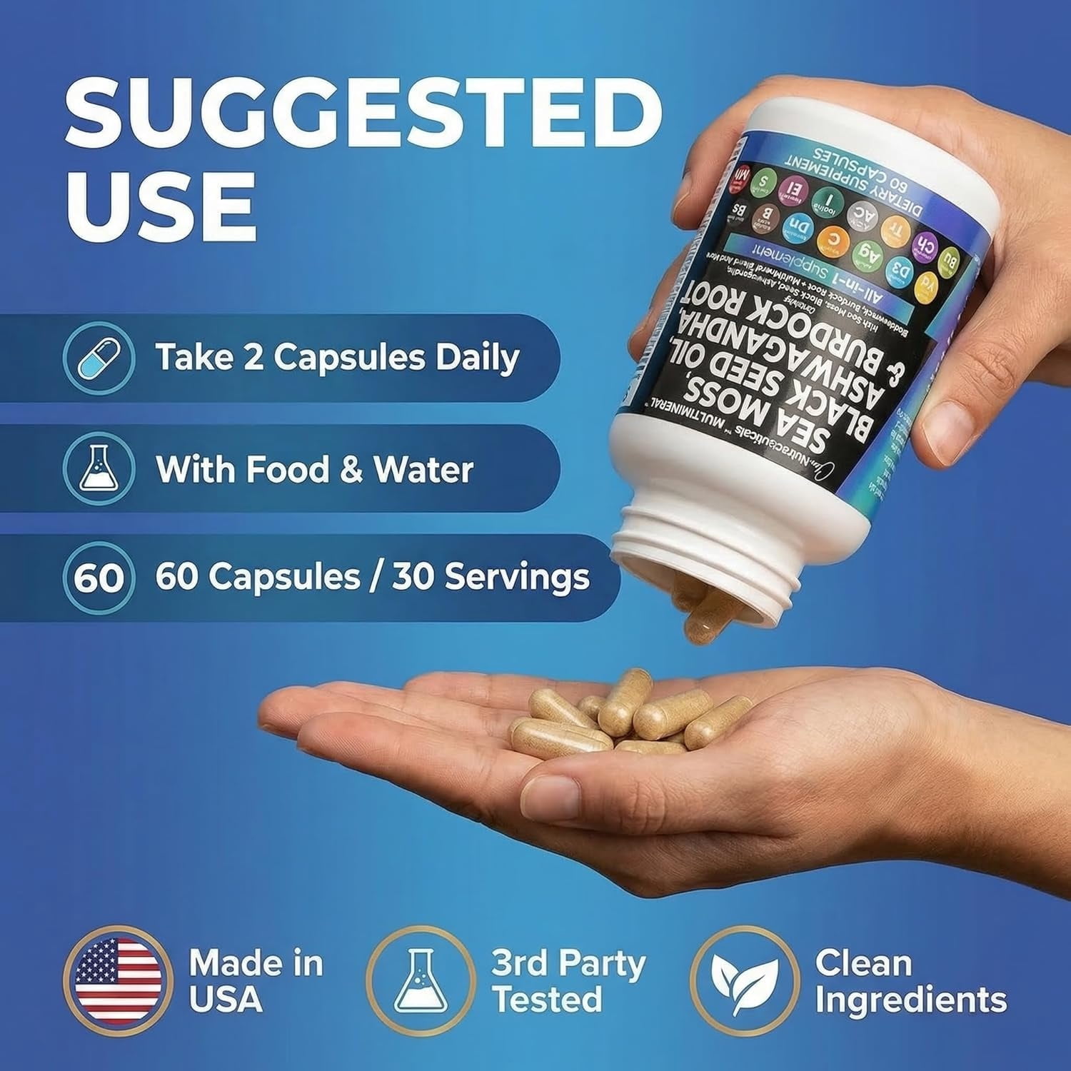 Clean Nutra MultiMineral Sea Moss Capsules 2 Pack - Black Seed Oil Ashwagandha Turmeric Bladderwrack Burdock Root Vitamin C D3 Elderberry Iodine Chlorophyll