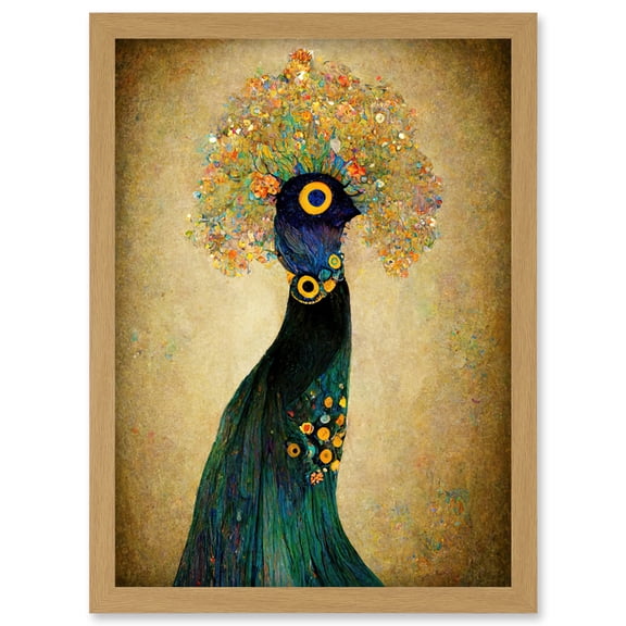 Elegant Peacock Portrait In Emerald And Gold Gustav Klimt Artwork Framed Wall Art Print A4