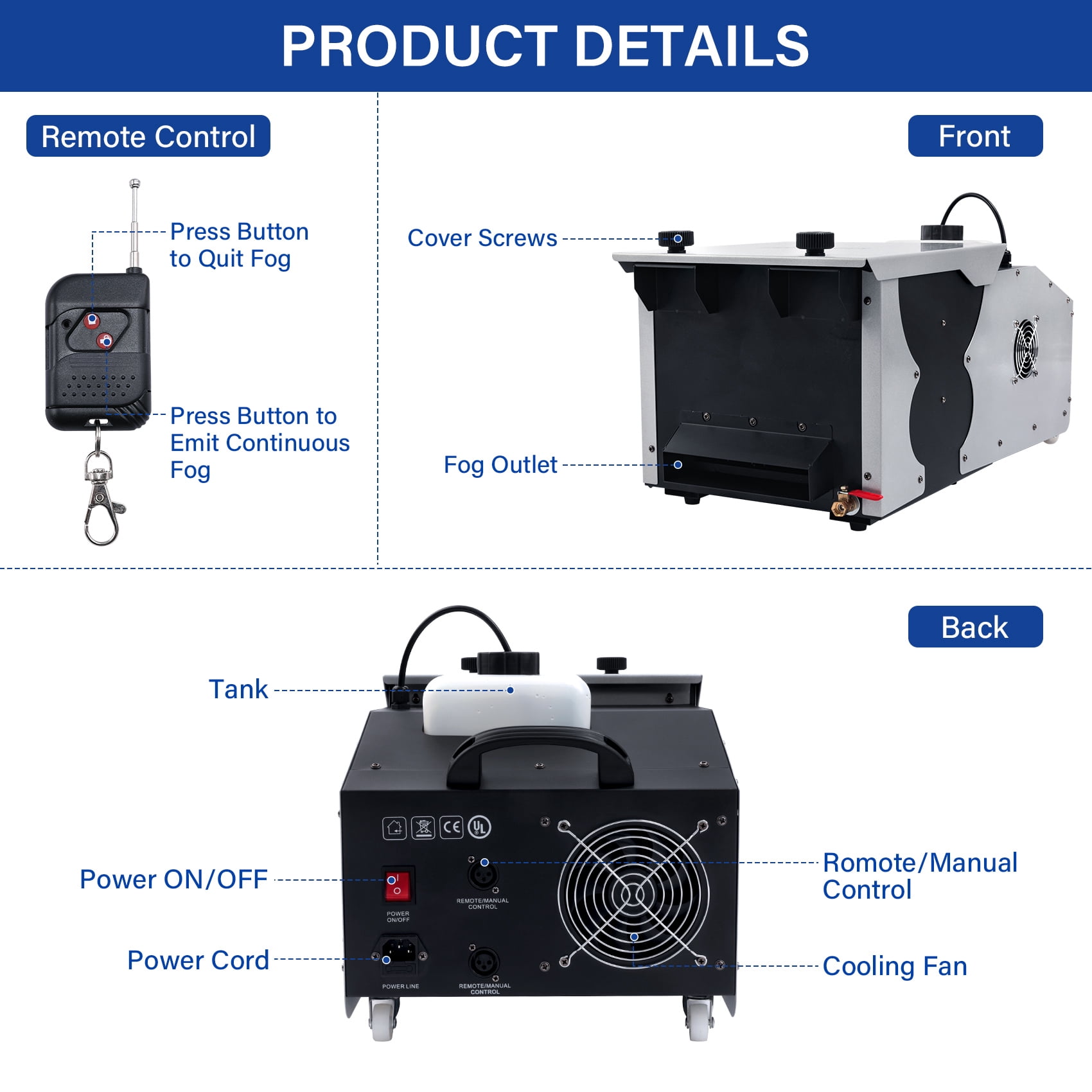 TCFUNDY 1500W Low Lying Fog Machine, Dry-Ice Effect Fogger, Ground Smoke Machine w/ Wired & Wireless Remote Control, ideal for Halloween, Parties, Weddings and Stage Effect, Silver & Black