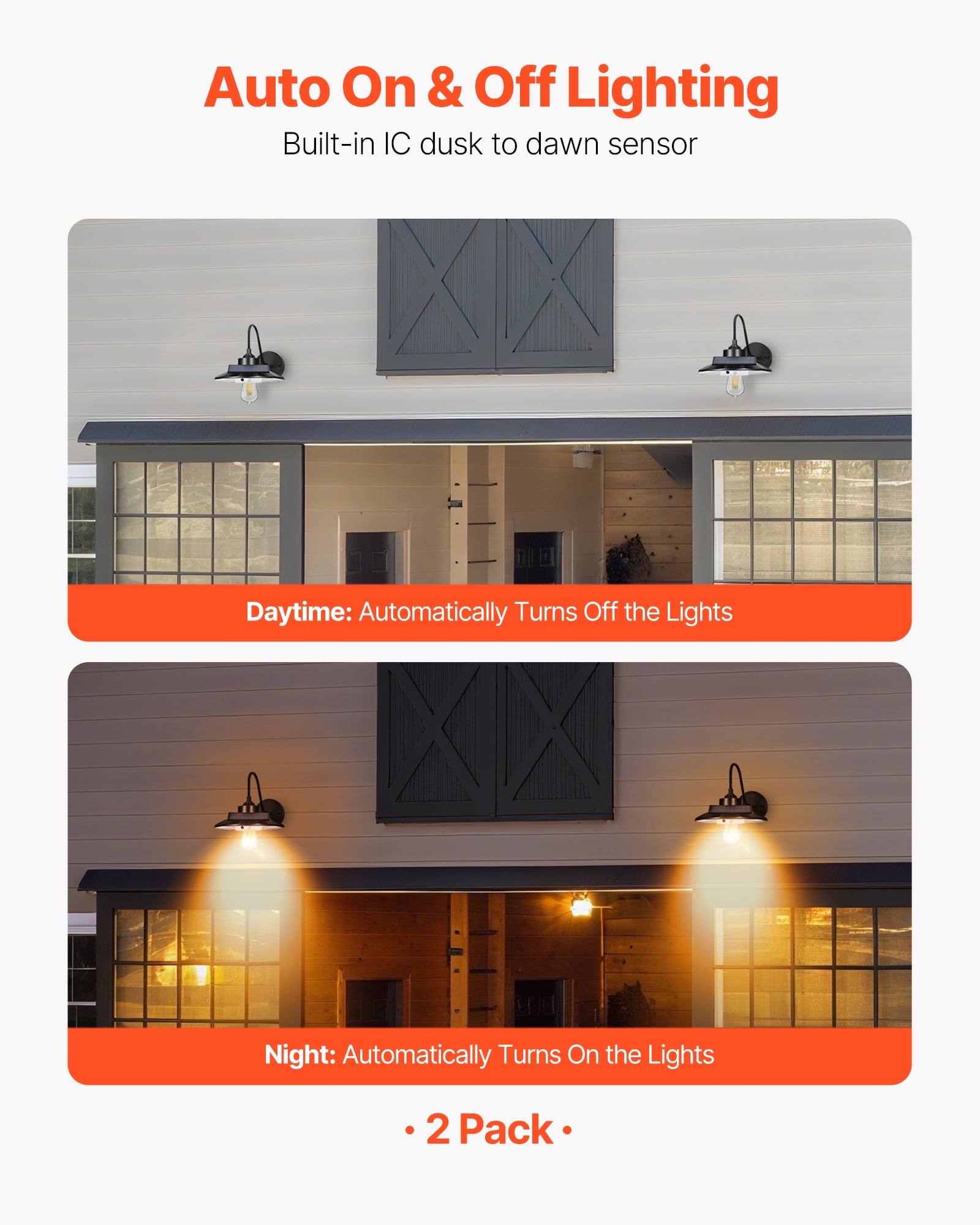 VEVOR Solar Outdoor Barn Light, 3 Lighting Modes and Motion Sensor, 2-Pack Gooseneck Light Fixture, Farmhouse Wall Sconce, with E27 Bulb Compatible, Waterproof for Porch, House, Entryway, Black