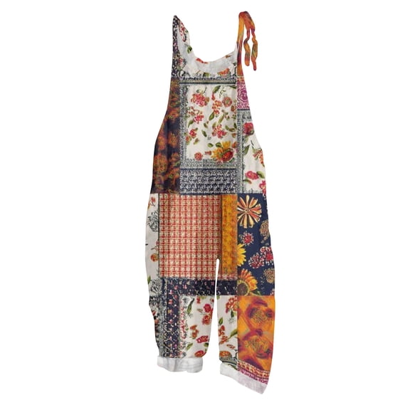 JULMCOMO Cotton Linen Jumpsuits for Women Floral Print Scoop Neck Loose Fit Overalls Tie Strap Sleeveless Casual Summer Overalls Multicolor S