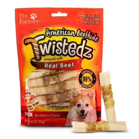 UPC: 0094983276033 | Pet Factory Twistedz American Beefhide Mini Rolls w/ Beef Meat Wrap – 3-3.5   14 Count