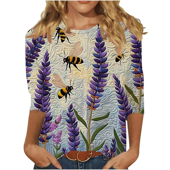 CYMMPU Summer Trendy Shirts 3/4 Sleeve Loose Fit Crew Neck Bee Printed Blouses for Women Dressy Casual Tunic Tops Spring Tops Lightweight Basic Tees Multicolor M