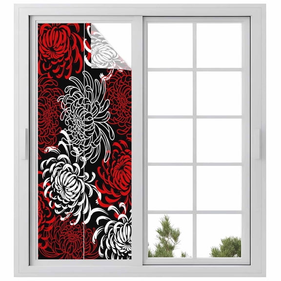 Static Cling Door Window Covering, Red Grey Chrysanthemum Window Privacy Film Frosted, Farmhouse Botanical Floral Modern UV Blocking Windows Film for Office, Hotel, Bedroom, 29.5 x 78.7 Inches