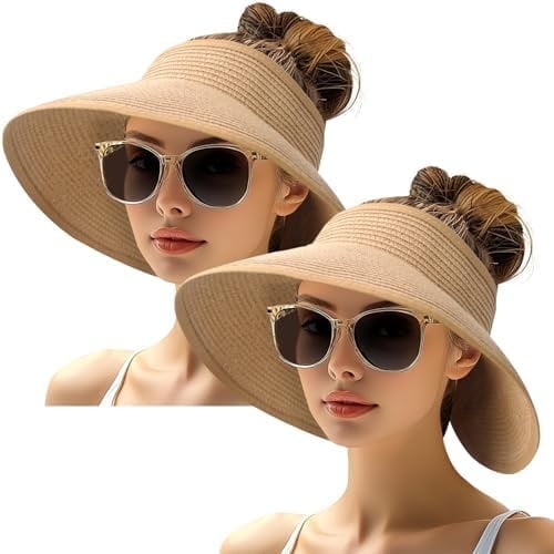 Wide Brim Ponytail Packable Foldable UPF 50 Floppy Straw Sun Visor Hat for Beach Travel Outdoor, Beige, Women's, 2 Pack