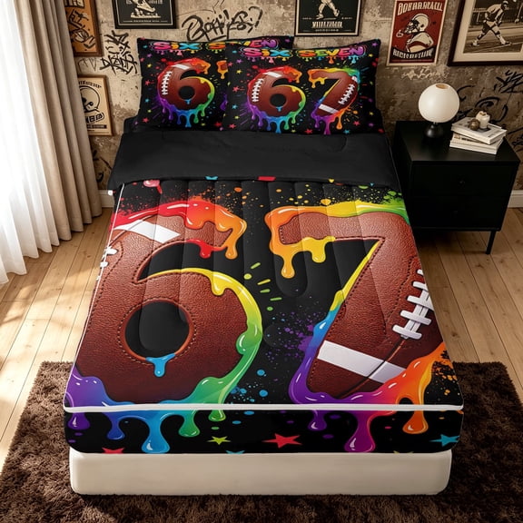 meiyoeat Graffiti Dripping Football Zipper Twin Comforter Sets with Fitted Sheet and 2 Pillowcases for Boys, Rainbow 67 Number Stars Zipper Bedding Set, Black Reversible, 4 Pieces