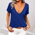 thumbnail image 2 of HVOBTTY Women's Summer Fashion Solid Color Short Sleeve V Neck Pullover Slim Soft Breathable Daily Basic Comfy Beach Tee Shirt Blue, S, 2 of 5