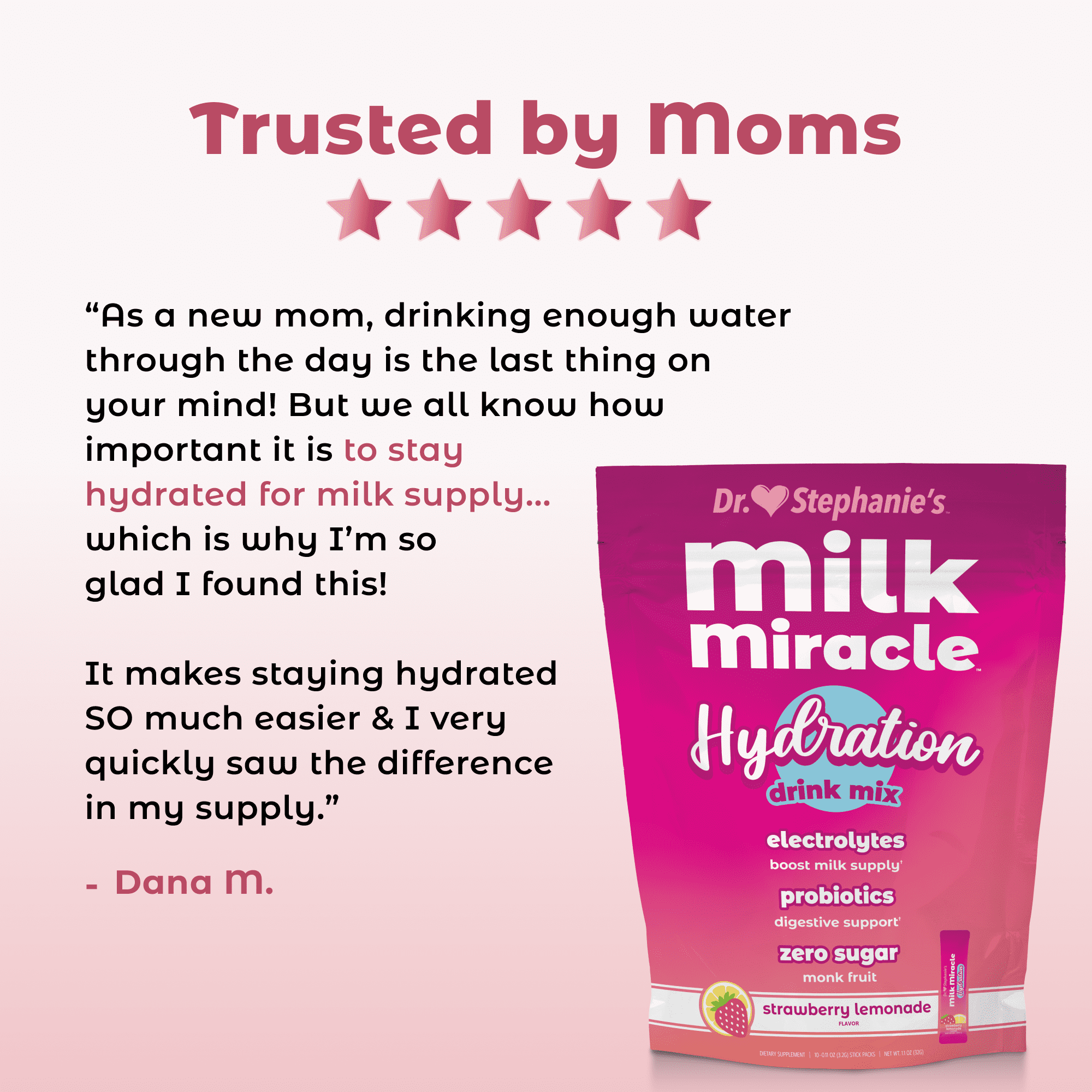 Dr. Stephanie's Milk Miracle Hydration & Probiotics Drink Mix, For Breastfeeding Support, 10 Count