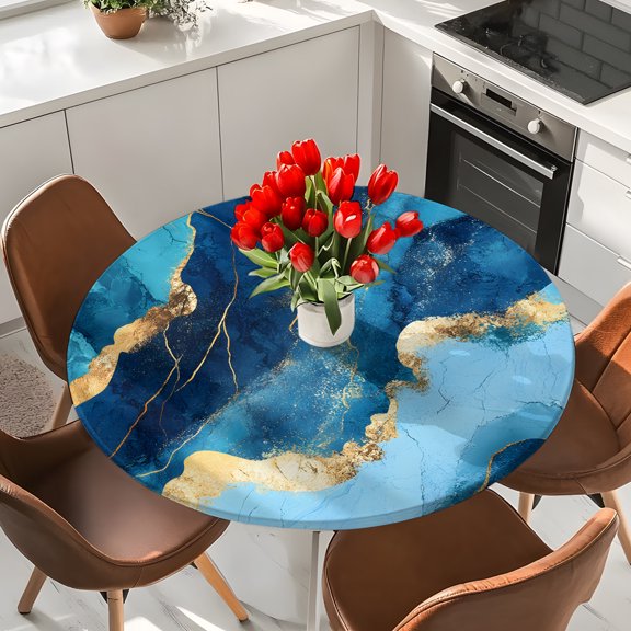 Blue Gold Marble Textured Elastic Fitted Round Tablecloth Abstract Modern Art Waterproof Outdoor Table Cover for Holiday Party, Picnic, Patio & Dining Fits Tables Up to 55"-60"