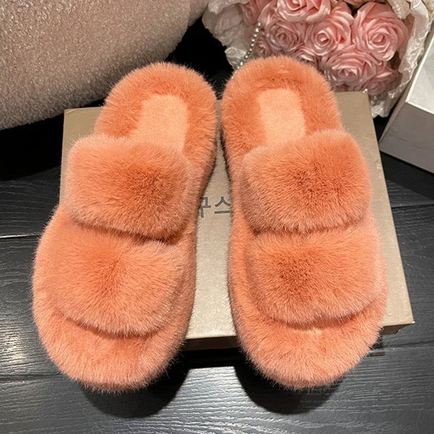 Zapatillas mullidas de invierno para mujer, pantuflas de piel para casa nueva, plataforma plana, zapatos de interior peludos y acogedores, chanclas coreanas, 2024