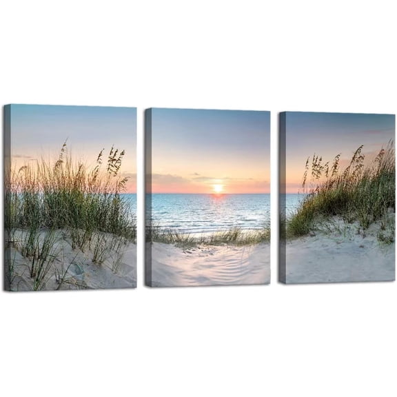 Set of 3 Beach Sunset Decor Wall Art Ocean Landscape Pictures Canvas Prints for Home Living Room Walls Decoration with Framed 12x16