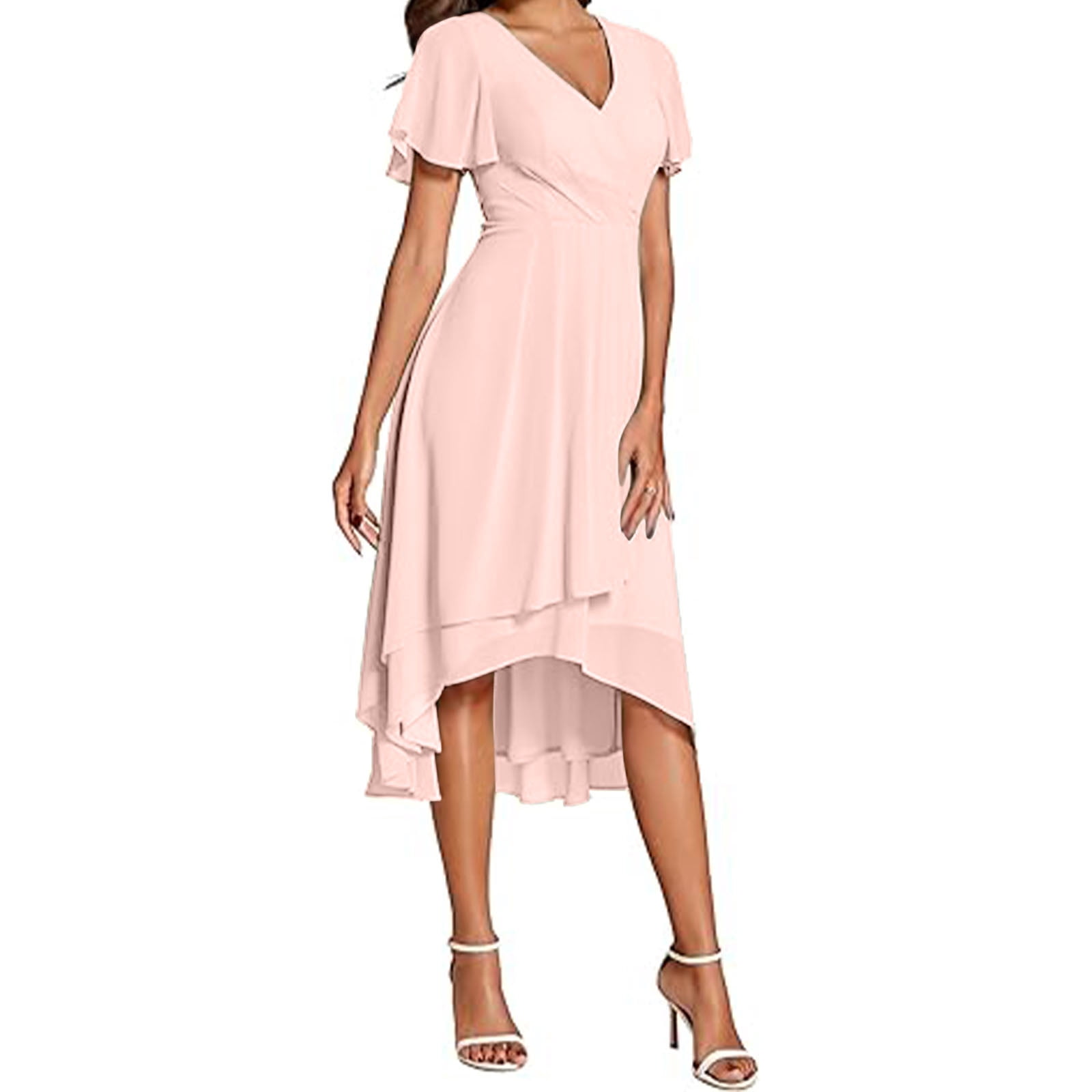 gljltg Women's Solid Color Ruffle Sleeves Pleated V-neck A-line Mid Length Short Sleeve Dress for Women, Girl, Spring, Summer, Suitable for Casual, Daily, Birthday, Dating, Dance