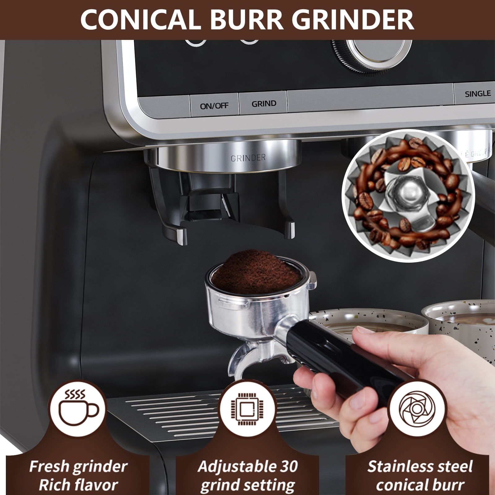 2-in-1 Espresso Machine & Grinder - 20 Bar with Steam Wand & Large Tank