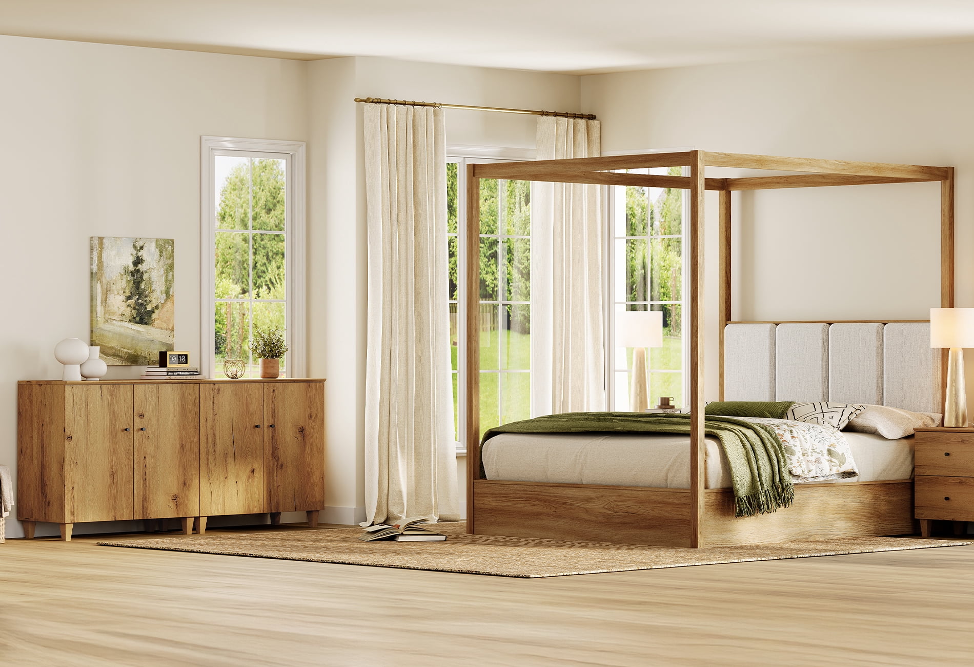 WAMPAT Modern Queen Size Canopy Bed Frame with 2-in-1 Large Storage Cabinets, Oak Brown