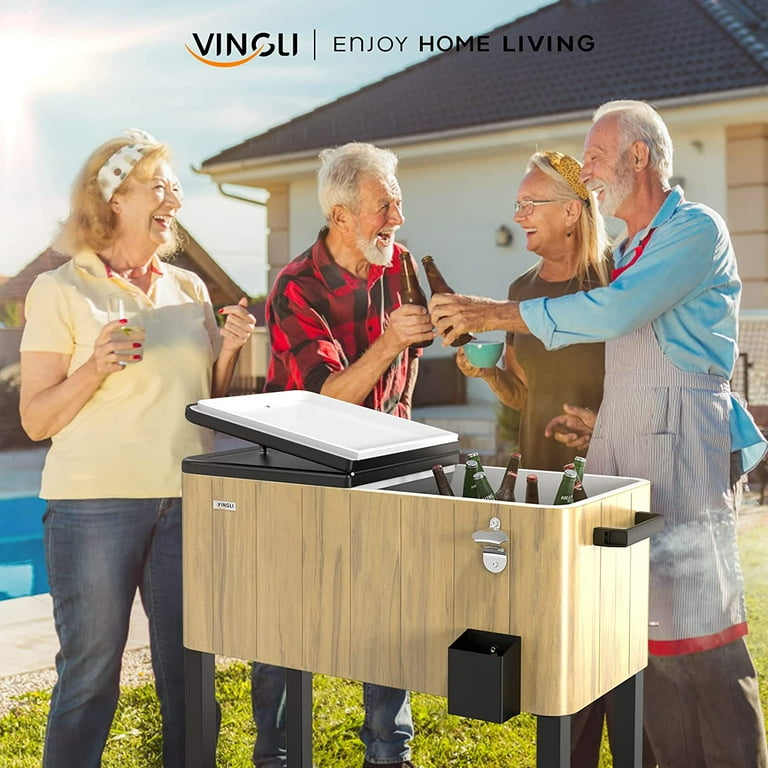 VINGLI 80 Quart Rolling Ice Chest on Wheels Patio Cooler Cart with Waterproof Cooler Cart Cover Beverage Rolling Cooler for Outdoor Patio Deck Party