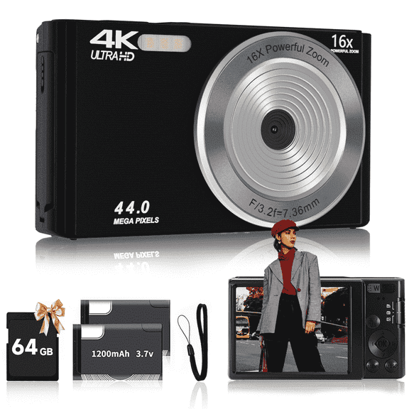 KEEPBERRY 4K Compact Digital Camera,Auto Focus 16x Zoom, 64GB TFCard, Lightweight, Black, for Teens