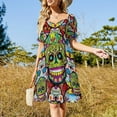 thumbnail image 3 of Floral Skull Print Casual Dress Sugar Skulls Pattern Stylish Dresses Sexy V Neck Elegant Trendy Dress Big Size, 3 of 7