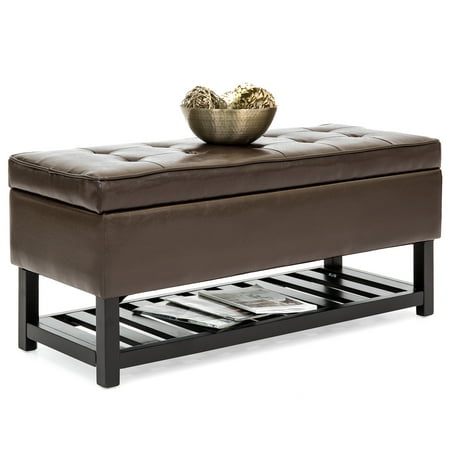 Best Choice Products Tufted Faux Leather Storage Ottoman Stool Seat Bench w/ Safety Hinges, Open Bottom Shelf for Shoe Rack, Entryway, Living Room - Espresso