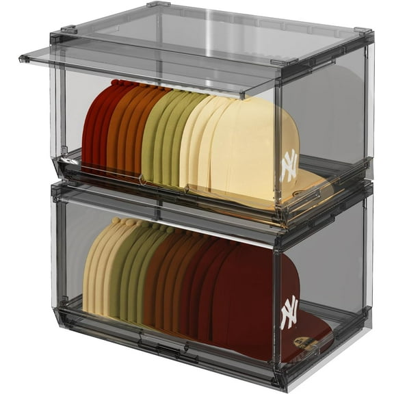 2 Pack Large Hat Organizer Box, Stackable Clear Baseball Caps Holder Box Containers with Sliding Door for Hats Snapback Cap Storag, Hat Rack Display Case, Holds 20 Hats Each -Black