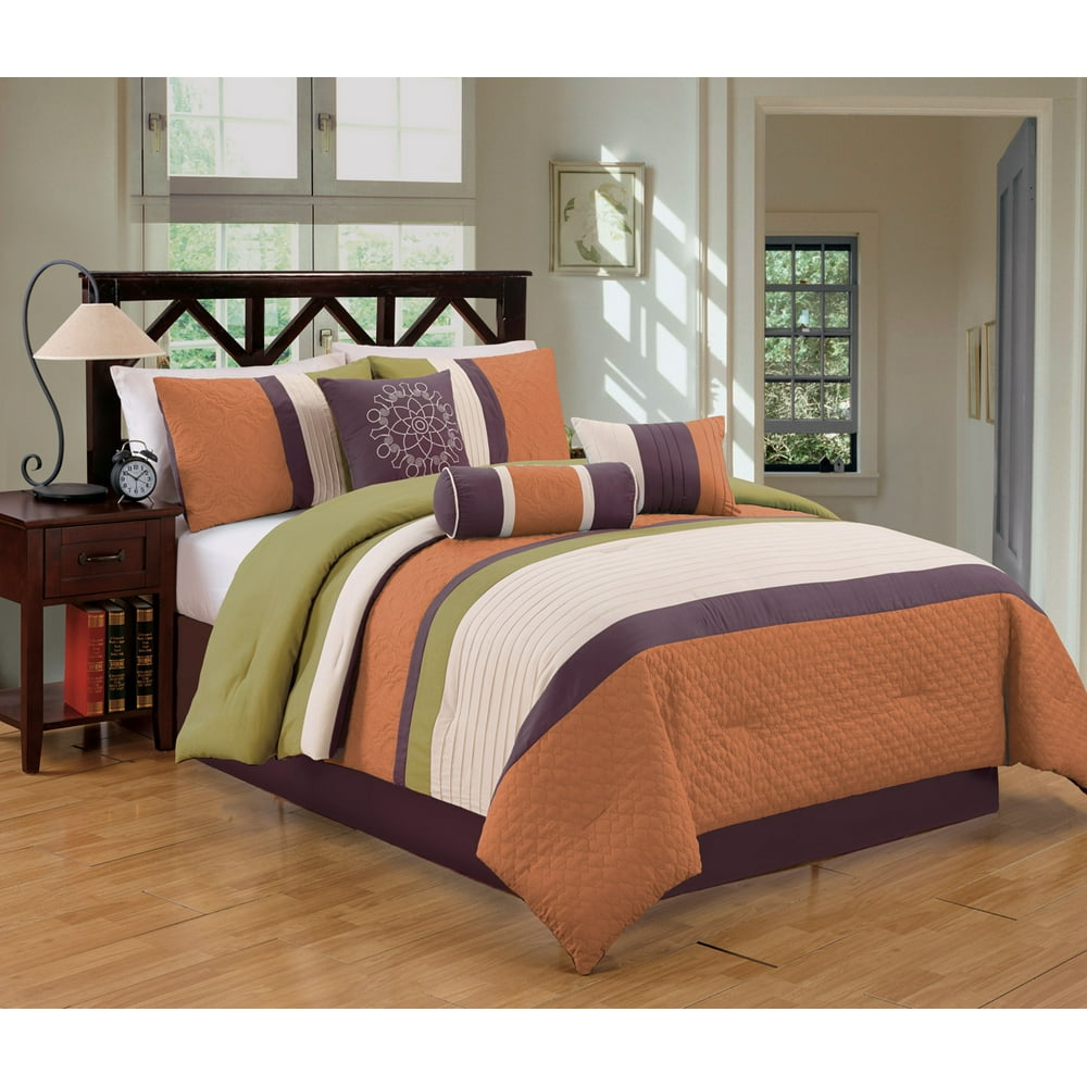 7 Piece Sage/Orange/Purple Comforter Set