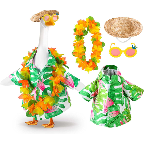 Porch Goose Hawaiian Summer Outfit for 23-inch Lawn Statue, 4-Piece Set with Floral Wreath, Straw Hat and Glasses