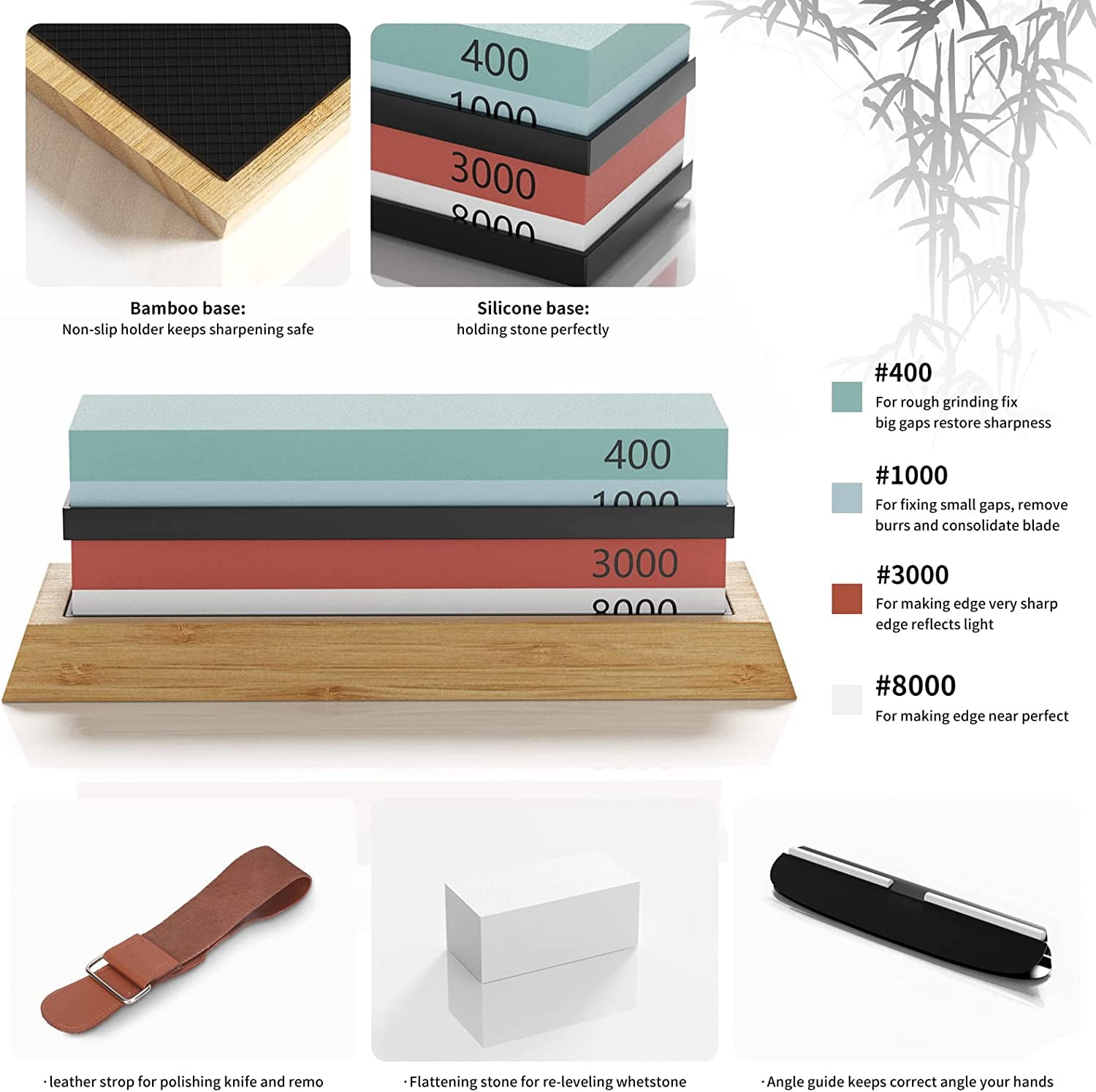 Whetstone Knife Sharpening Stone 4 Side Grit 400/1000 3000/8000 Waterstone, Whetstone Knife Sharpener, Sharpening Stone Whetstone Set with Bamboo Base, Flatting Stone, Angle Guide & Leather Strop