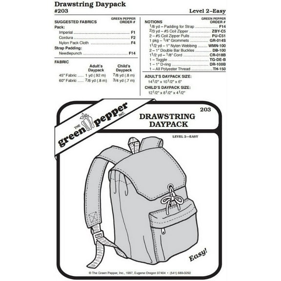 Drawstring Daypack Backpack Bag #203 Sewing Pattern (Pattern Only)