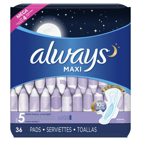 ALWAYS Maxi Size 5 Extra Heavy Overnight Pads With Wings Unscented, 36