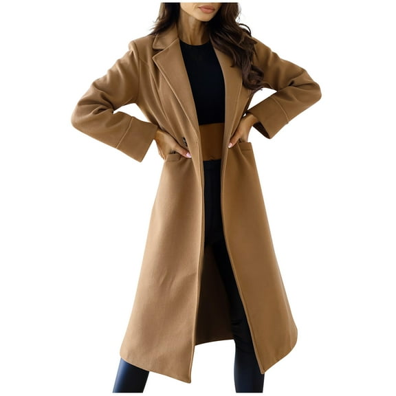 Mingw Elegant Long Wool Coat for Women Classic Straight Silhouette Notched Collar Thermal Insulation Pea Coat,2XL,Khaki