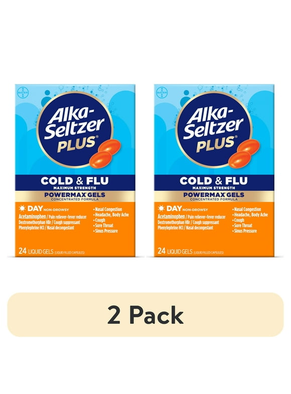 (2 pack) Alka-Seltzer Plus Powermax Cold & Flu Medicine, Day, Liquid Gels, 24 Count
