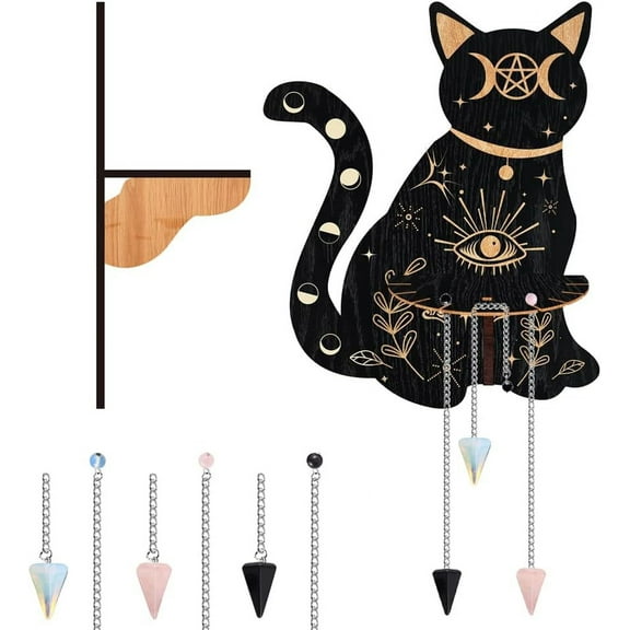 Small Shelf Cat Black Display Shelf Magical Boho Wooden Witch Altar Wall Mounted Hanging Rustic Holder Stand with 3 Pieces Crystals Stones for Wall Decor