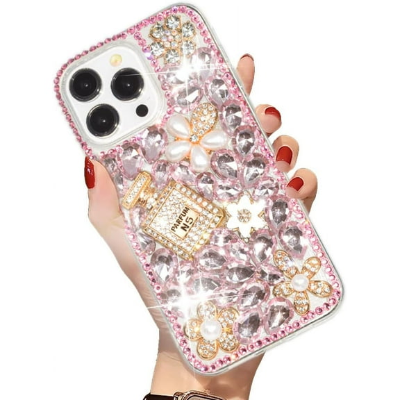 Compatible with iPhone 15 Pro Bling Glitter Case,Luxury Bling Diamond Rhinestone Gemstone 3D Perfume Bottle and Flower Gemstone Soft TPU Back Cover Case for Women Girls with iPhone 15 Pro 6.1"