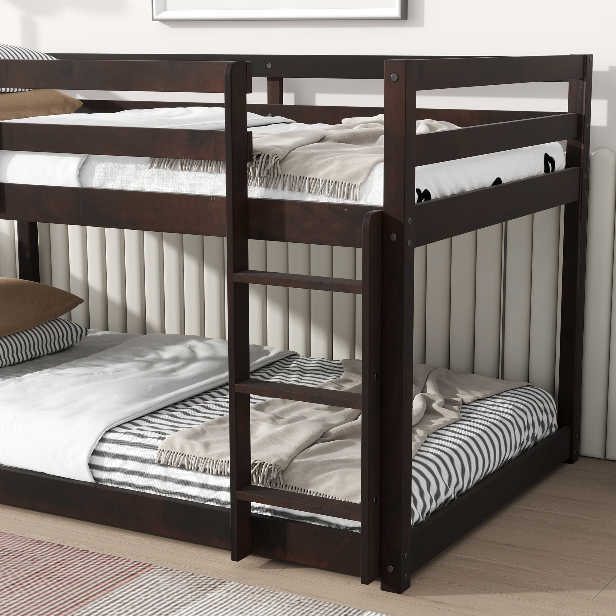 Leumius Twin over Twin Floor Bunk Bed with Ladder ,Upper and Bottom Bed Platforms Crafted with Strengthened Slats for Boys Girls Espresso