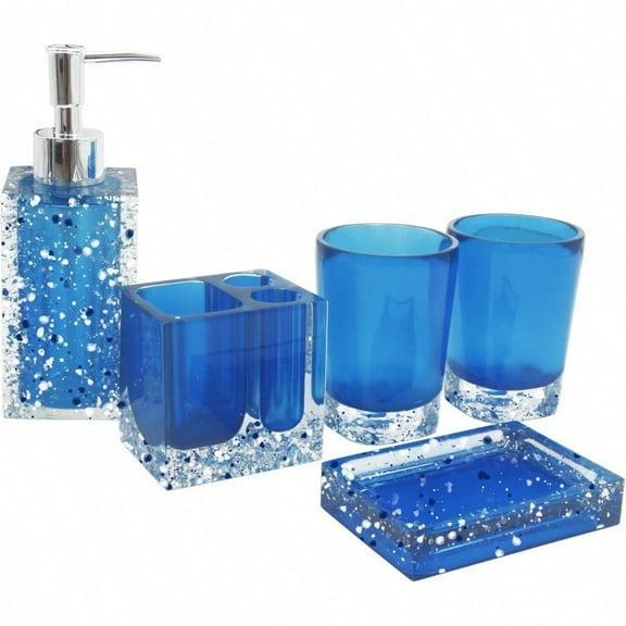 Resin Soap Dish Soap Dispenser Toothbrush Holder Tumbler Bathroom Accory 5 Piece Set Blue