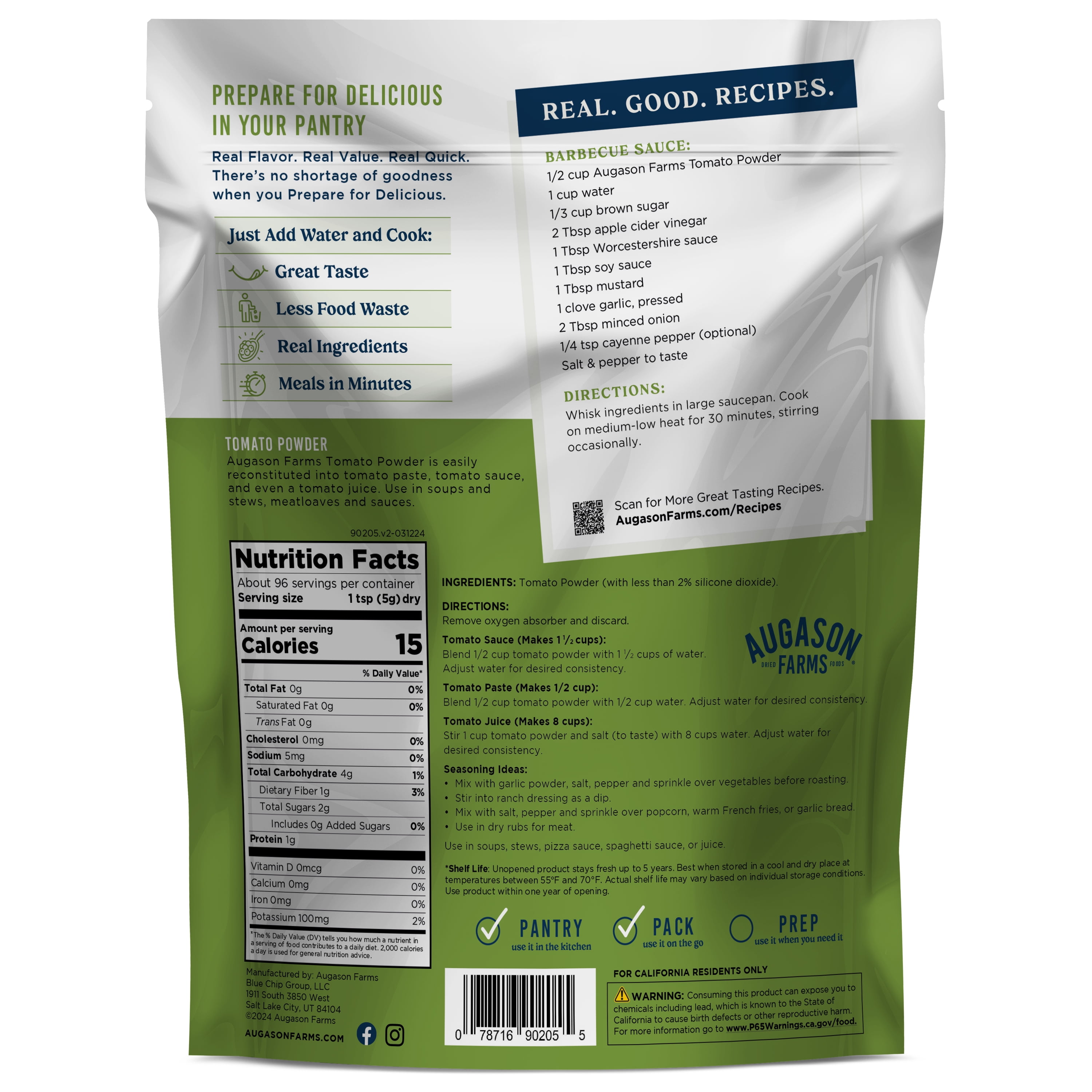 (2 pack) Augason Farms Tomato Powder Resealable Pouch, Emergency Food Supply, Everyday Meals, 96 Servings
