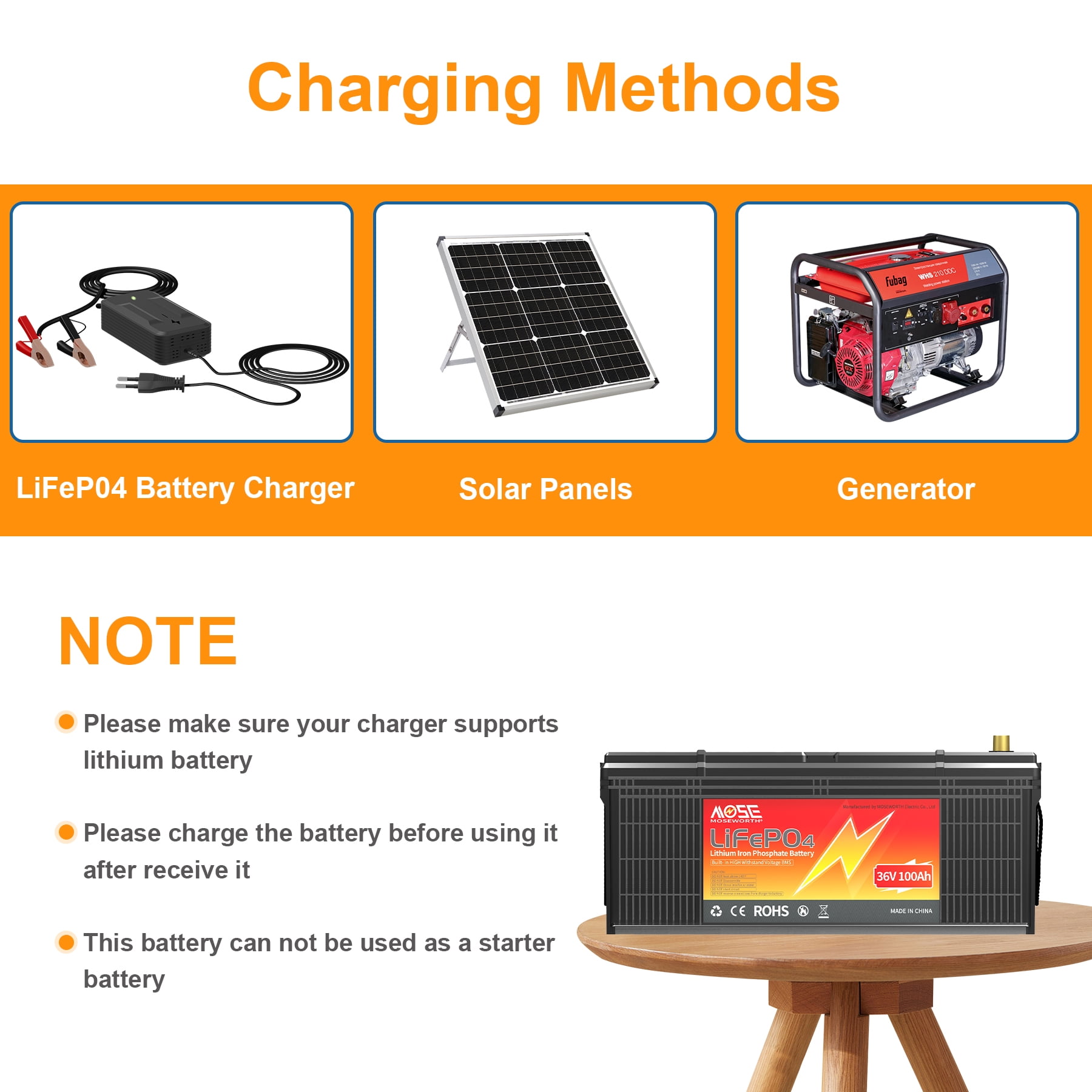 36V 100Ah LiFePO4 Battery,200A BMS,MOSEWORTH for Golf Carts,RV,Marine,Trolling Motor,Solar,Camping,Boat,15000+Deep Cycles Battery with a Charger
