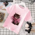 thumbnail image 3 of Cartoon Cats Kid Pink T Shirt Cartoon Cat Print Western Style T-shirt Short Sleeve for Boys and Girls Stranger Things Clothes, 3 of 5