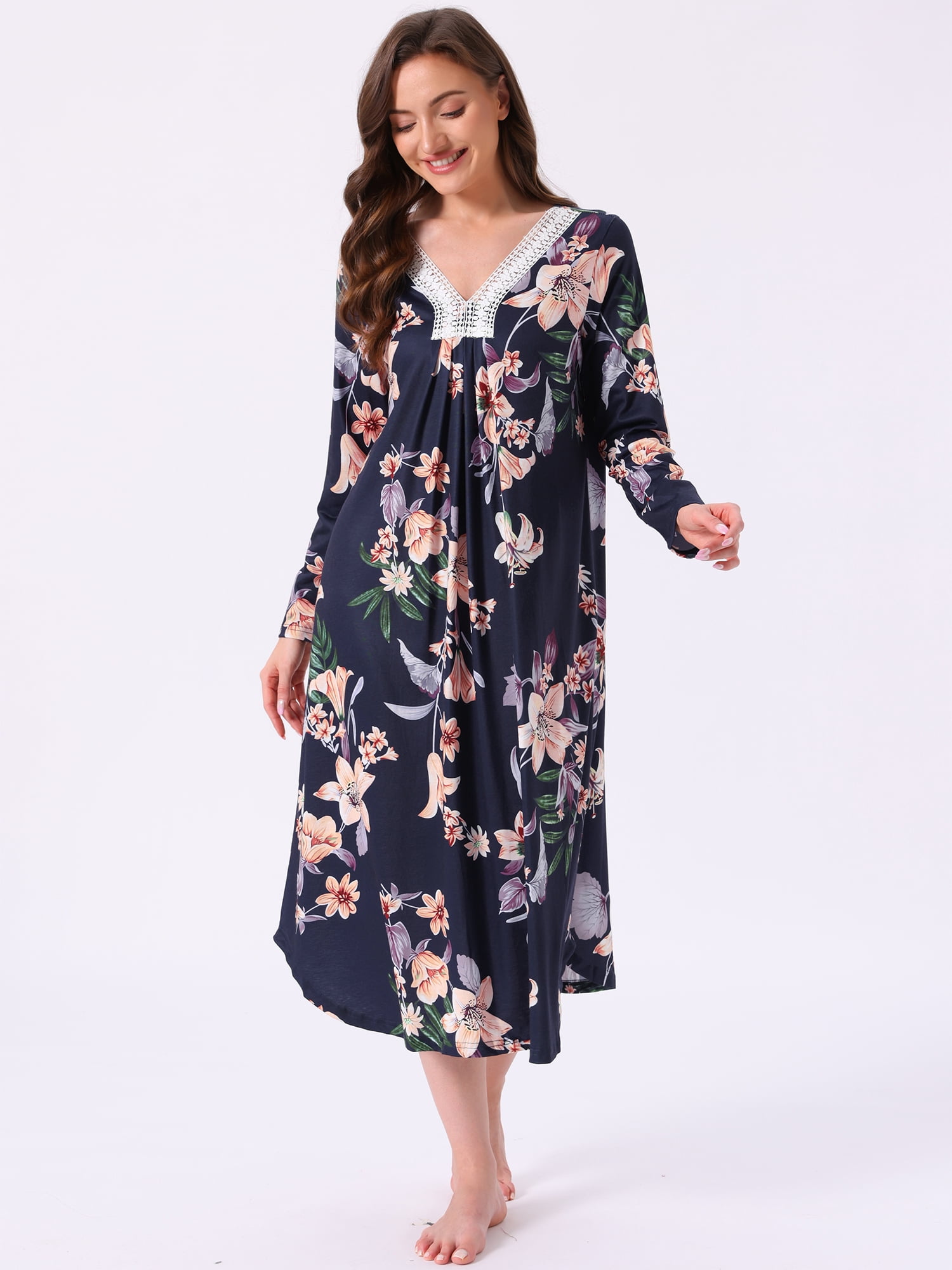 DARING DIVA Women's Moomoo Sleepwear Floral Long Sleeves Mumu Lounge Dress L Blue