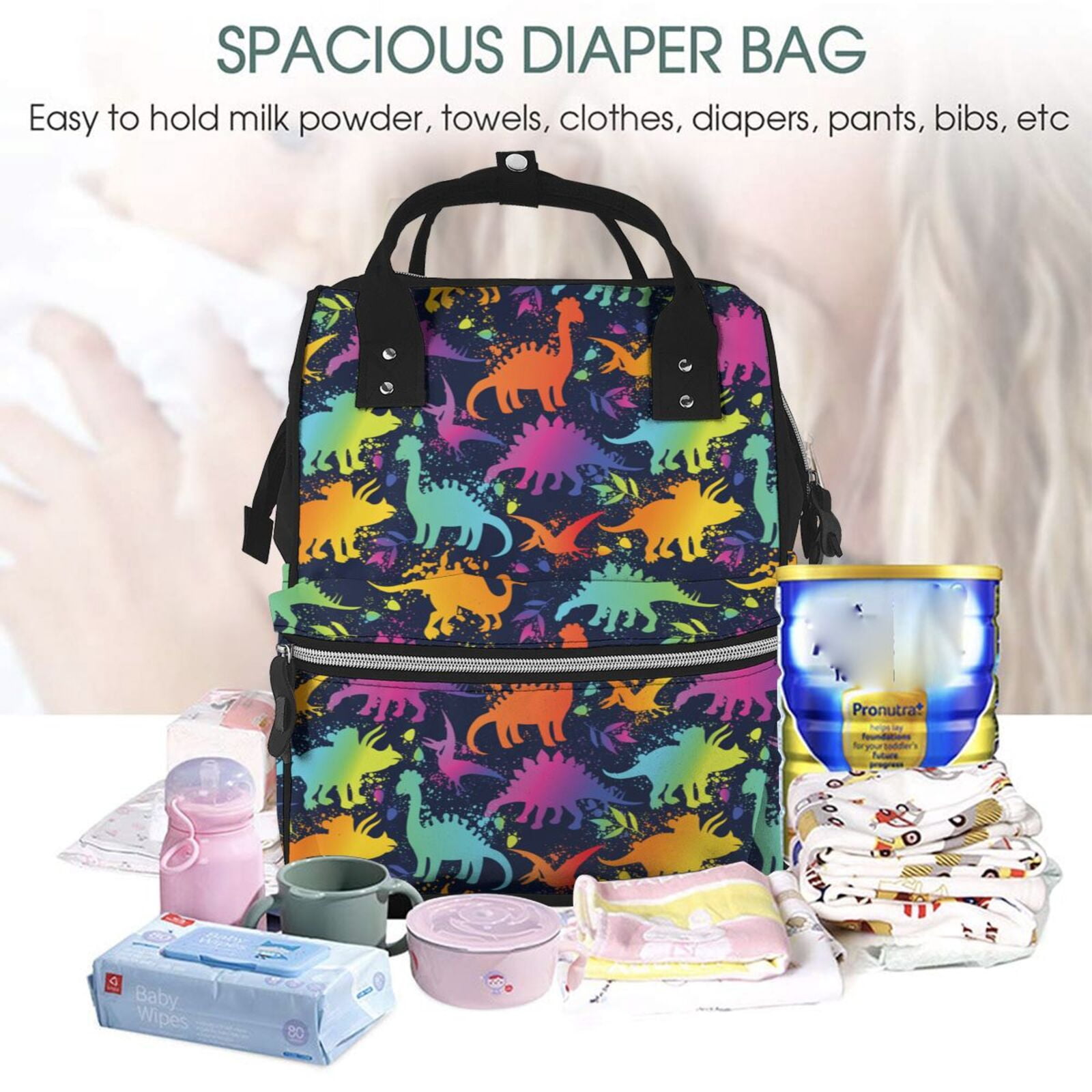 Ratiio Colorful Dinosaur Mummy Backpack - Waterproof Twill Canvas, Large Capacity Diaper Bag with Multiple Pockets and Adjustable Straps